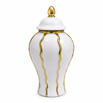 Florero y Cofre Decorativo de Cerámica Blanco y Dorado - 35 cm