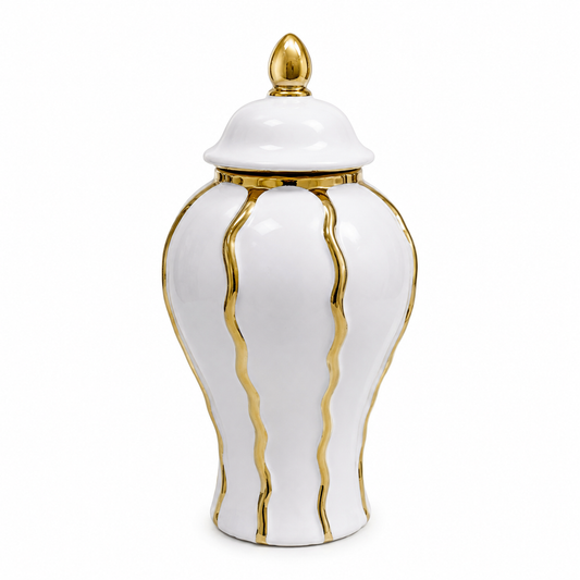 Florero y Cofre Decorativo de Cerámica Blanco y Dorado - 35 cm