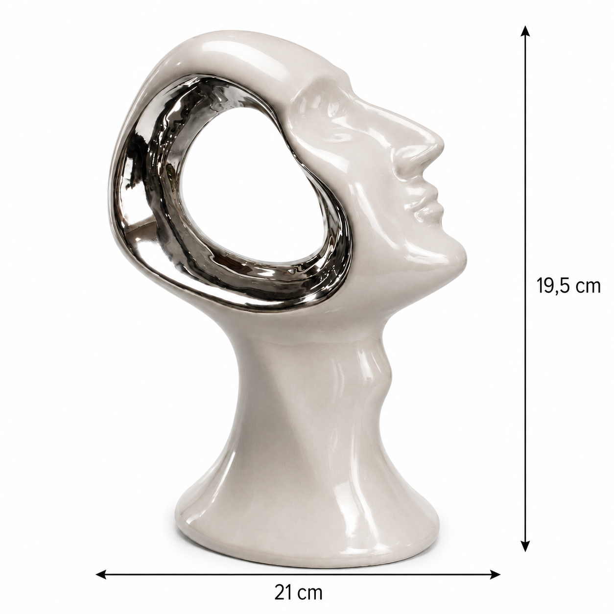 Busto Abstracto Decorativo - Cerámica - Color Beige y Plateado – 19,5 × 21 cm