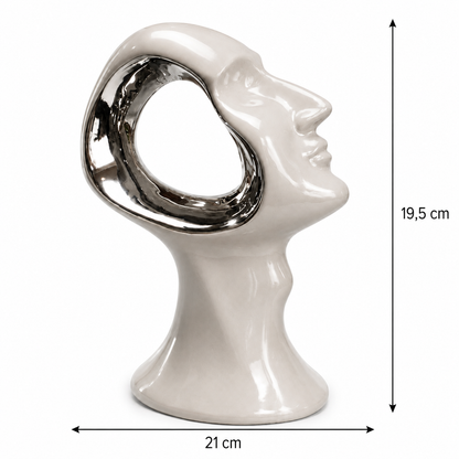 Busto Abstracto Decorativo - Cerámica - Color Beige y Plateado – 19,5 × 21 cm