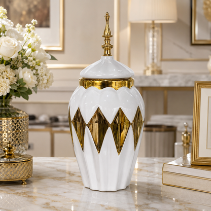 Cofre Decorativo Blanco y Dorado con Tapa - 33 cm - Cerámica