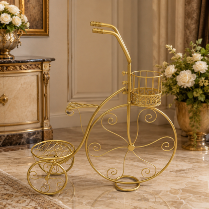 Portamacetero Decorativo- Triciclo Dorado - Metal - Triple Soporte – 77 × 71 × 22,5 cm