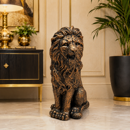 Estatua Decorativa de León Guardián - Cobrizado en Poliresina – 30x39x70cm