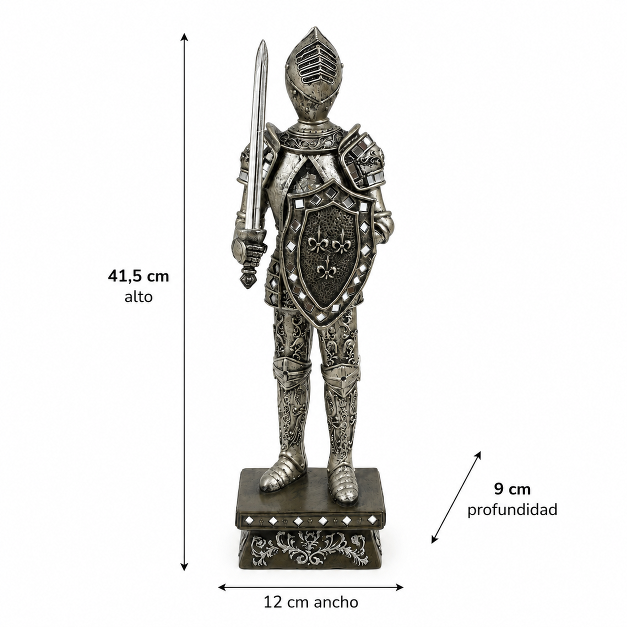 Soldado Medieval Plateado Envejecido con Espada y Escudo – Figura Decorativa - 41,5 cm