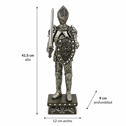 Soldado Medieval Plateado Envejecido con Espada y Escudo – Figura Decorativa - 41,5 cm
