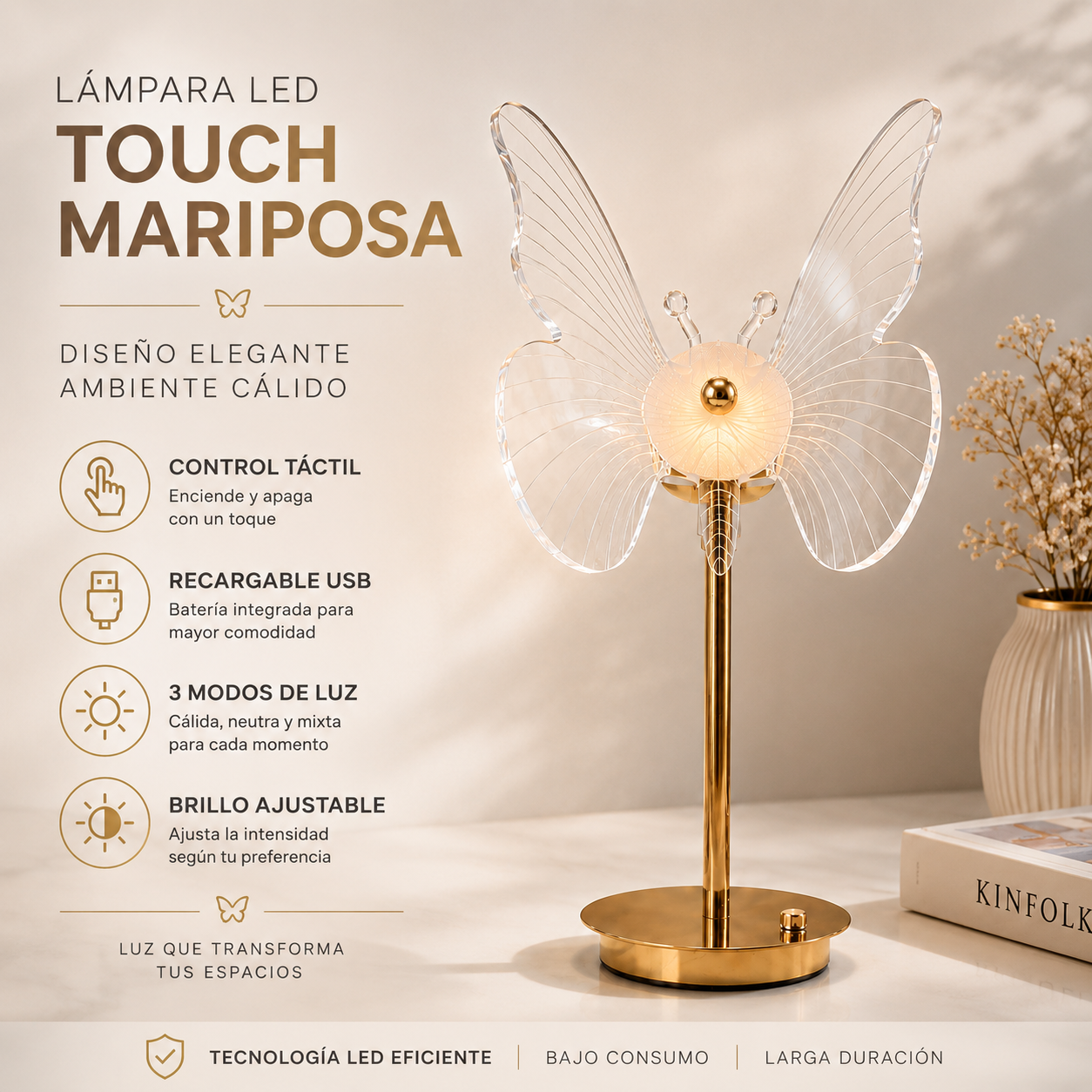 Lámpara LED Mariposa - Acrílico y Metal - Control Táctil
