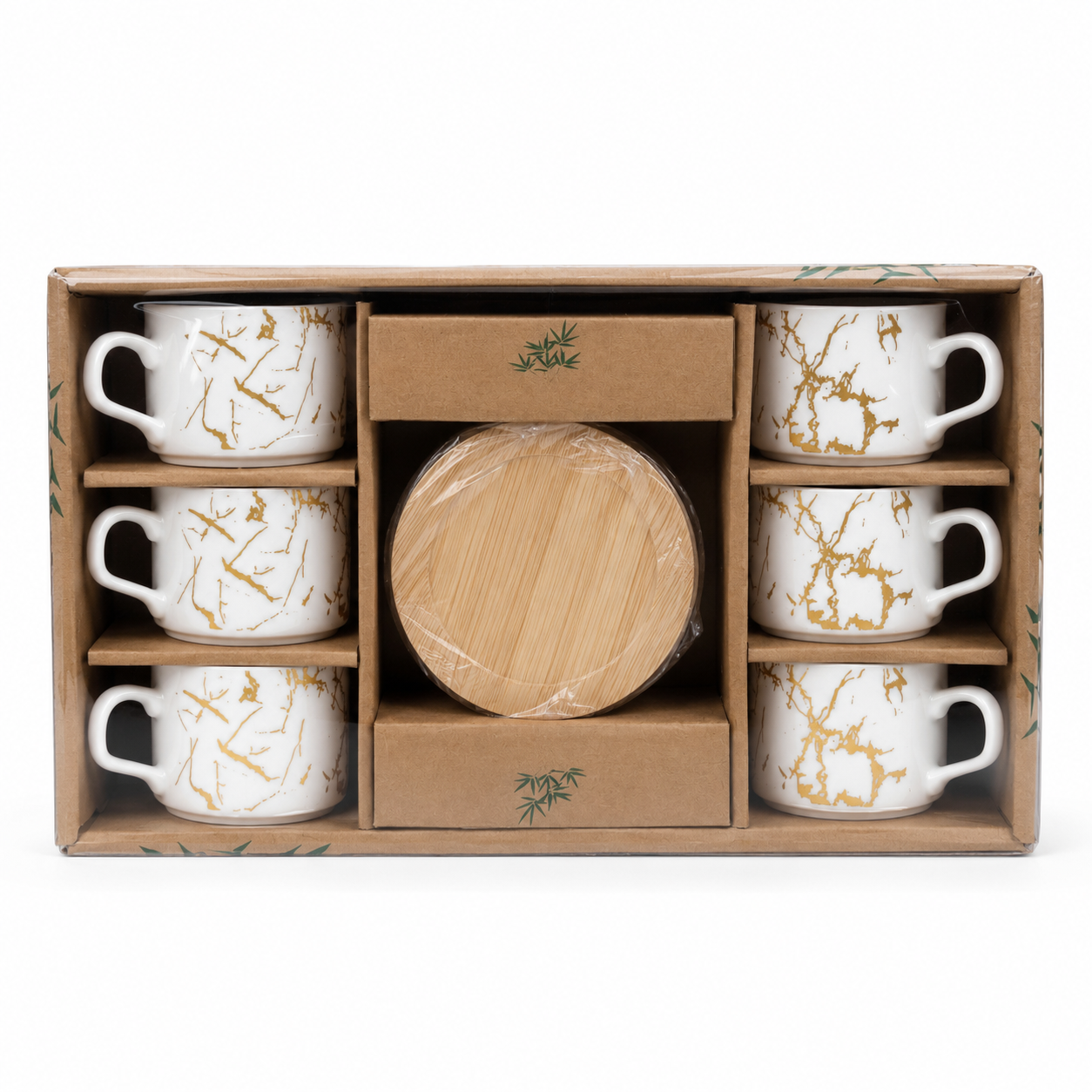 Juego de 6 Tazas - Línea Moderna - Loza con Platos de Bambú – Diseño Marmoleado Dorado