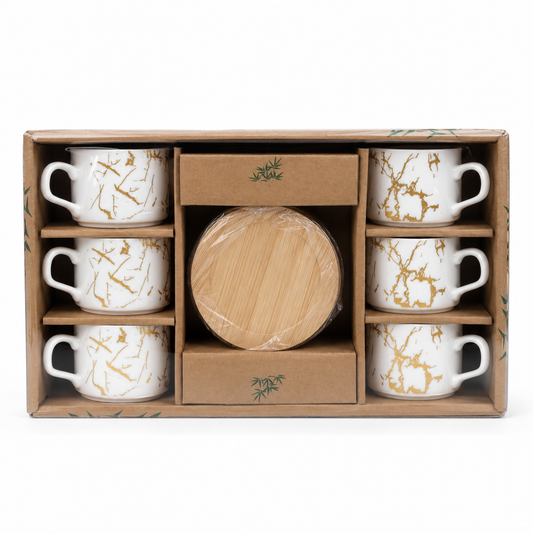 Juego de 6 Tazas - Línea Moderna - Loza con Platos de Bambú – Diseño Marmoleado Dorado