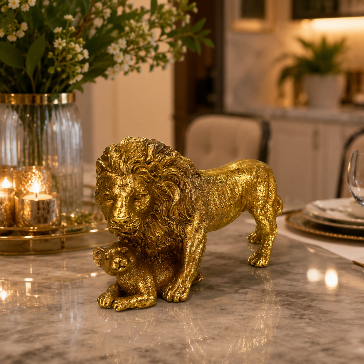 Figura Decorativa- León con Hijo Gold - Poliresina – 17 cm