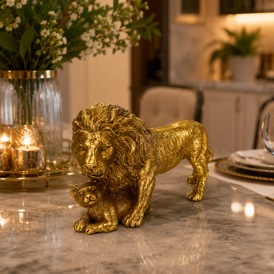Figura Decorativa- León con Hijo Gold - Poliresina – 17 cm