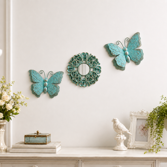 Set Decorativo Mariposas - Marco Floral y Espejo – 3 Piezas - Plástico