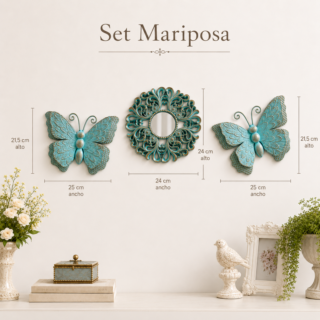 Set Decorativo Mariposas - Marco Floral y Espejo – 3 Piezas - Plástico