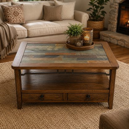 Mesa de Centro Rustic OAK - Rectangular - Madera y Pizarra - 91,5x56x46,5 cm