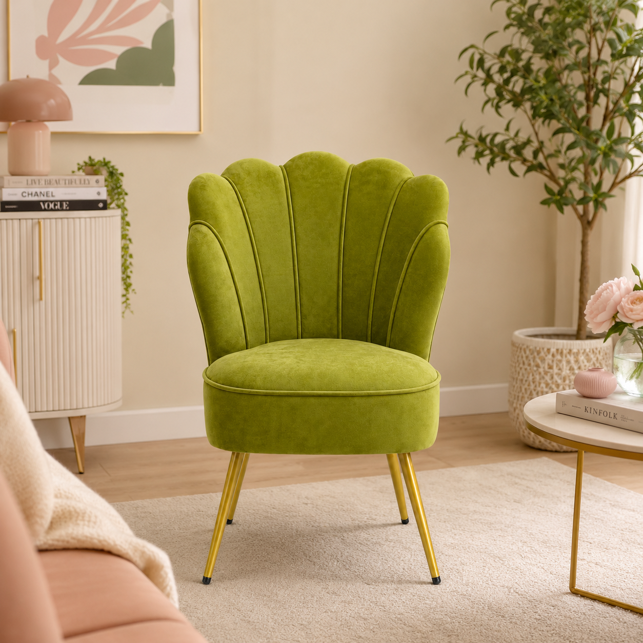 Sillón de Felpa Verde con Patas Doradas