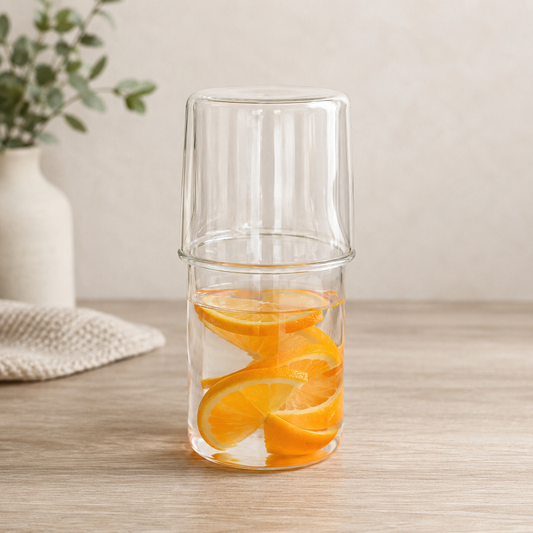 Botella de Vidrio con Vaso Integrado para Agua y Bebidas – 17 cm