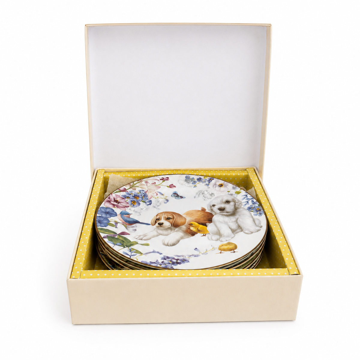 Set de 6 Platos de Porcelana para Té con Diseño de Cachorros y Flores – 19 cm