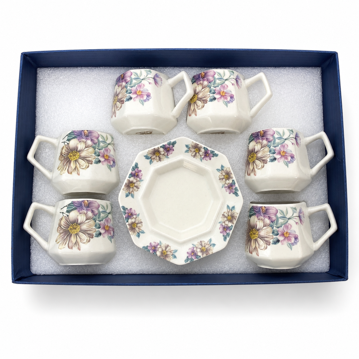 Juego de 6 Tazas de Café Octagonales con Platos Flowers de Porcelana Vintage