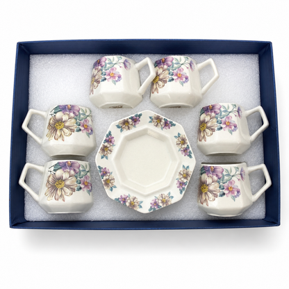 Juego de 6 Tazas de Café Octagonales con Platos Flowers de Porcelana Vintage