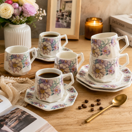 Juego de 6 Tazas de Café Octagonales con Platos Flowers de Porcelana Vintage