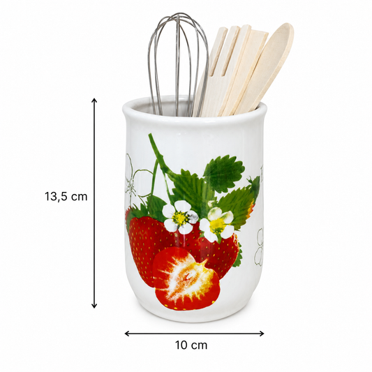Jarro Organizador de Cerámica para Utensilios de Cocina con Diseño de Frutillas