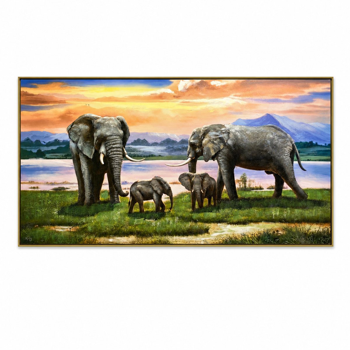 Cuadro Familia de Elefantes – Marco Dorado 150x80 cm