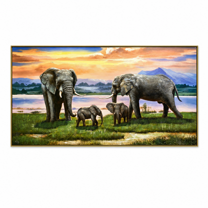 Cuadro Familia de Elefantes – Marco Dorado 150x80 cm