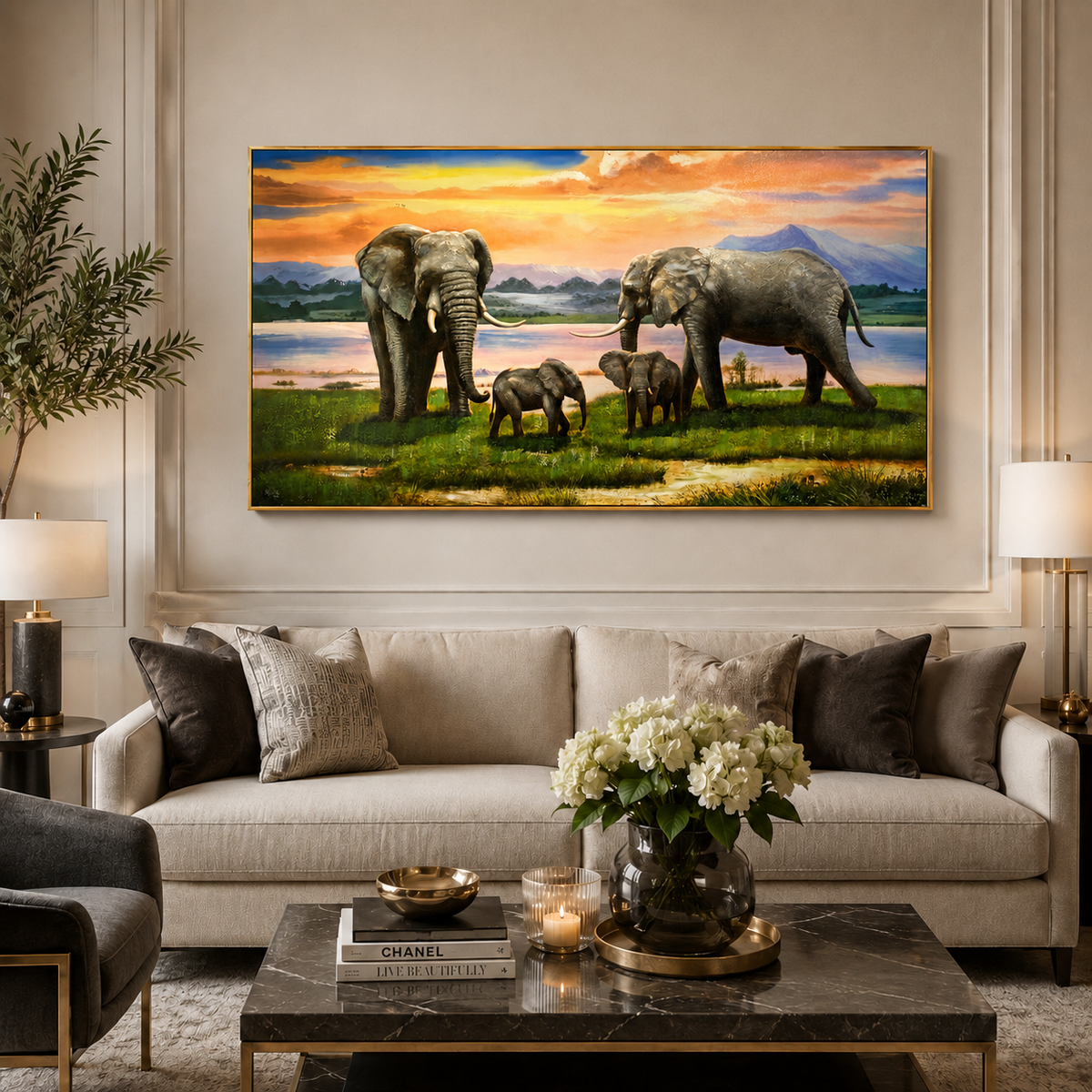Cuadro Familia de Elefantes – Marco Dorado 150x80 cm