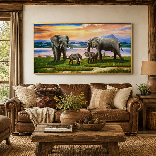 Cuadro Familia de Elefantes – Marco Dorado 150x80 cm