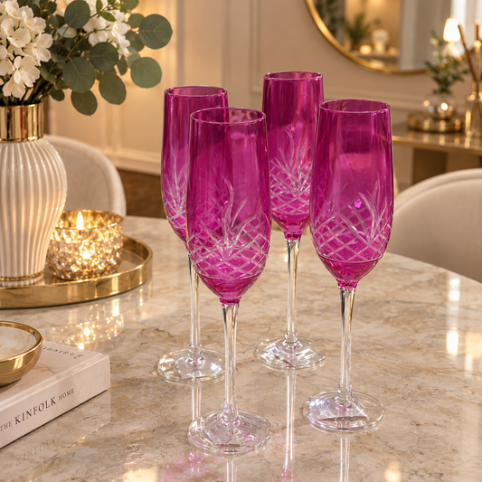 Set de 4 Copas de Champagne Talladas Rosadas – Cristal Murano | 26 cm