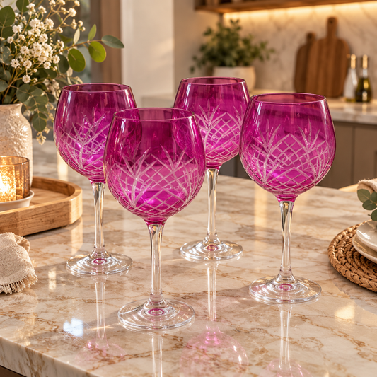 Set de 4 Copas de Vino Blanco Talladas Rosadas – Cristal Murano | 22 cm