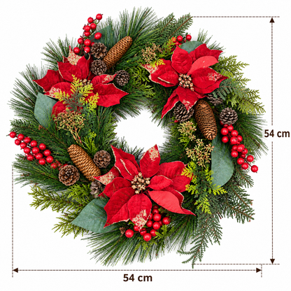 Corona Navideña con Flores Rojas y Piñas Decorativas – 55 cm
