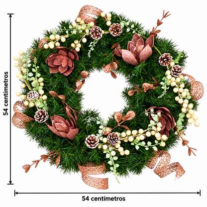 Corona Navideña con Flores y Detalles Rose Gold – 54 cm