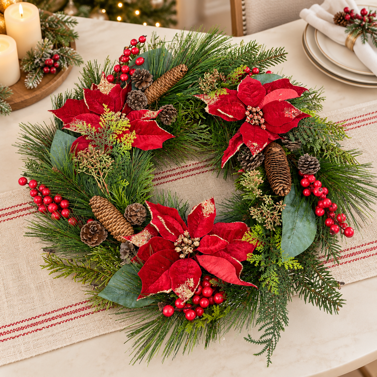 Corona Navideña con Flores Rojas y Piñas Decorativas – 55 cm