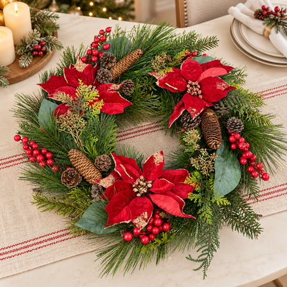 Corona Navideña con Flores Rojas y Piñas Decorativas – 55 cm