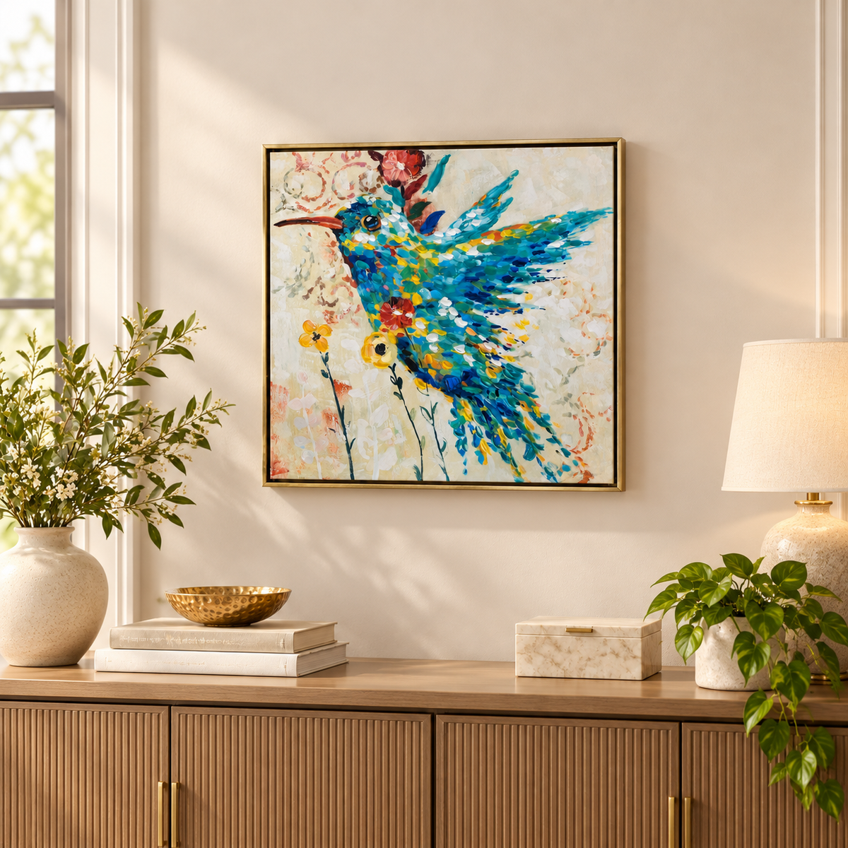Cuadro de Picaflor Turquesa - Lienzo con Trazos de Óleo - 63,5 cm