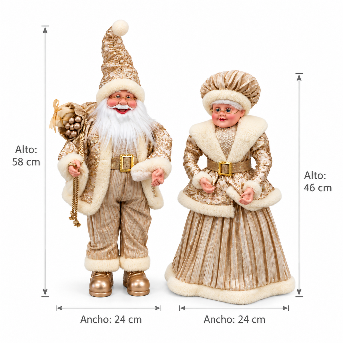 Juego de Santa y Mamá Santa Decorativos Dorados – 2 Piezas