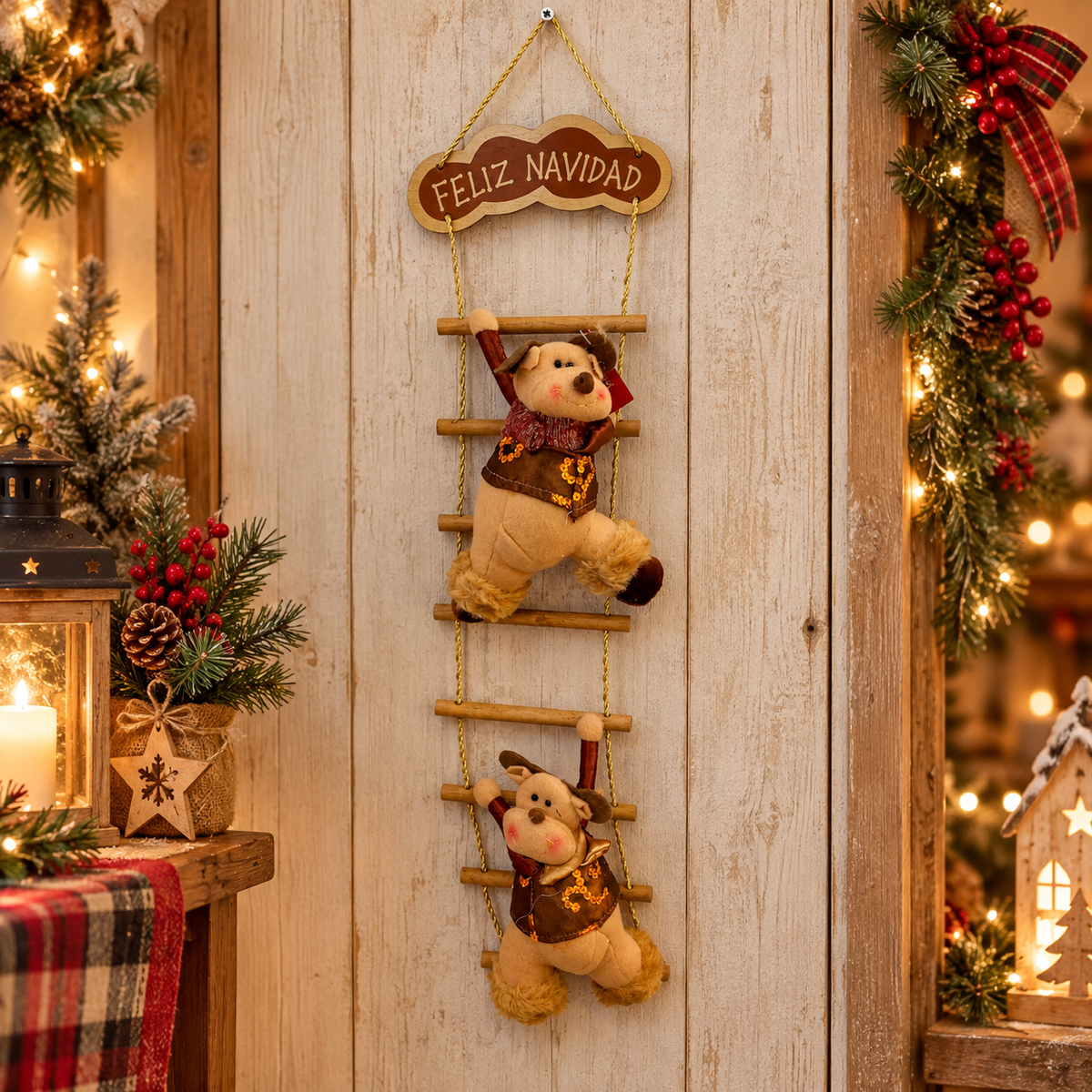 Escalera Navideña Decorativa con Renos y Letrero Feliz Navidad – 60 cm
