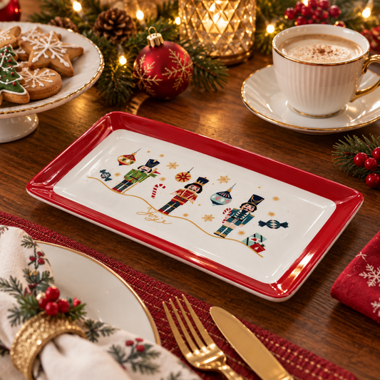Plato Navideño Rectangular de Cerámica con Diseño de Cascanueces – 26 cm