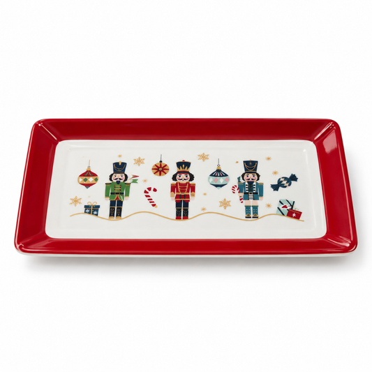 Plato Navideño Rectangular de Cerámica con Diseño de Cascanueces – 26 cm