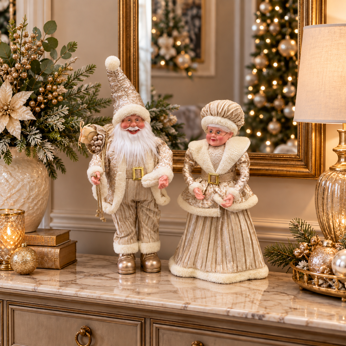 Juego de Santa y Mamá Santa Decorativos Dorados – 2 Piezas