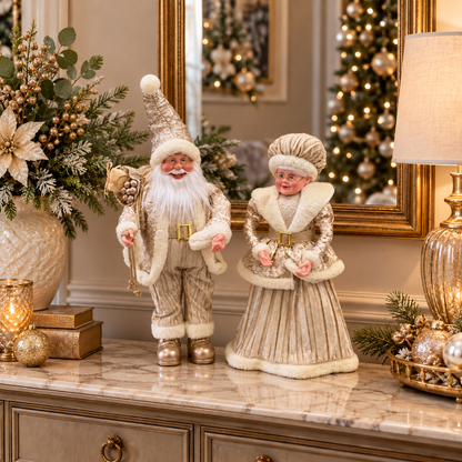 Juego de Santa y Mamá Santa Decorativos Dorados – 2 Piezas