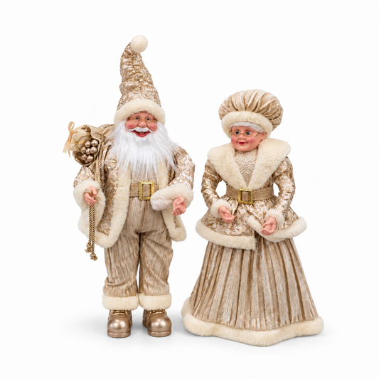Juego de Santa y Mamá Santa Decorativos Dorados – 2 Piezas