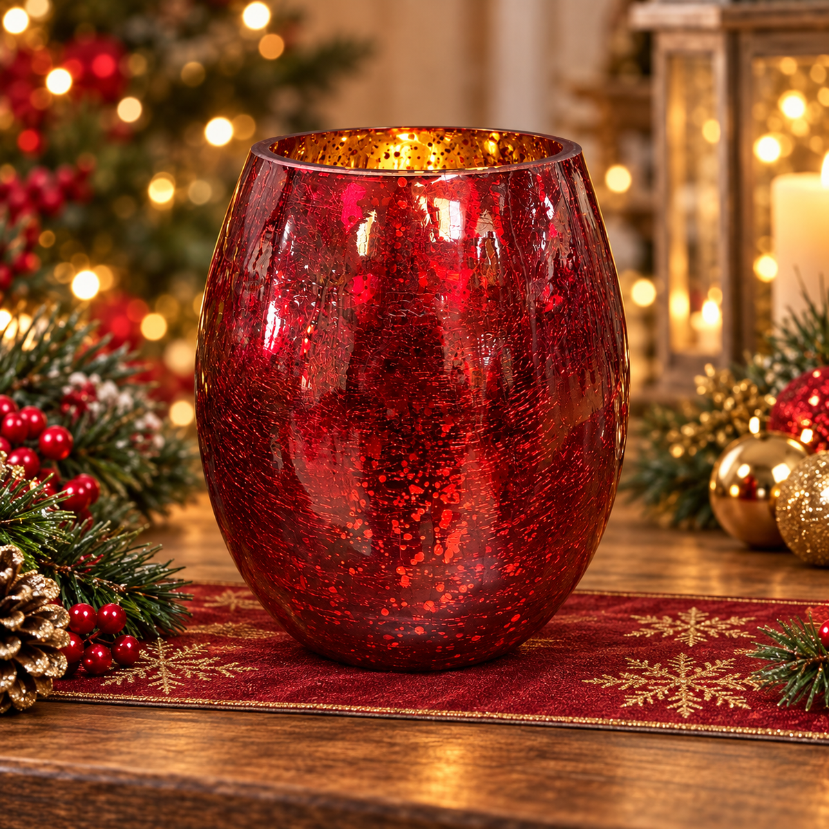Portavelas Esférico de Vidrio Craquelado Rojo – 19 cm