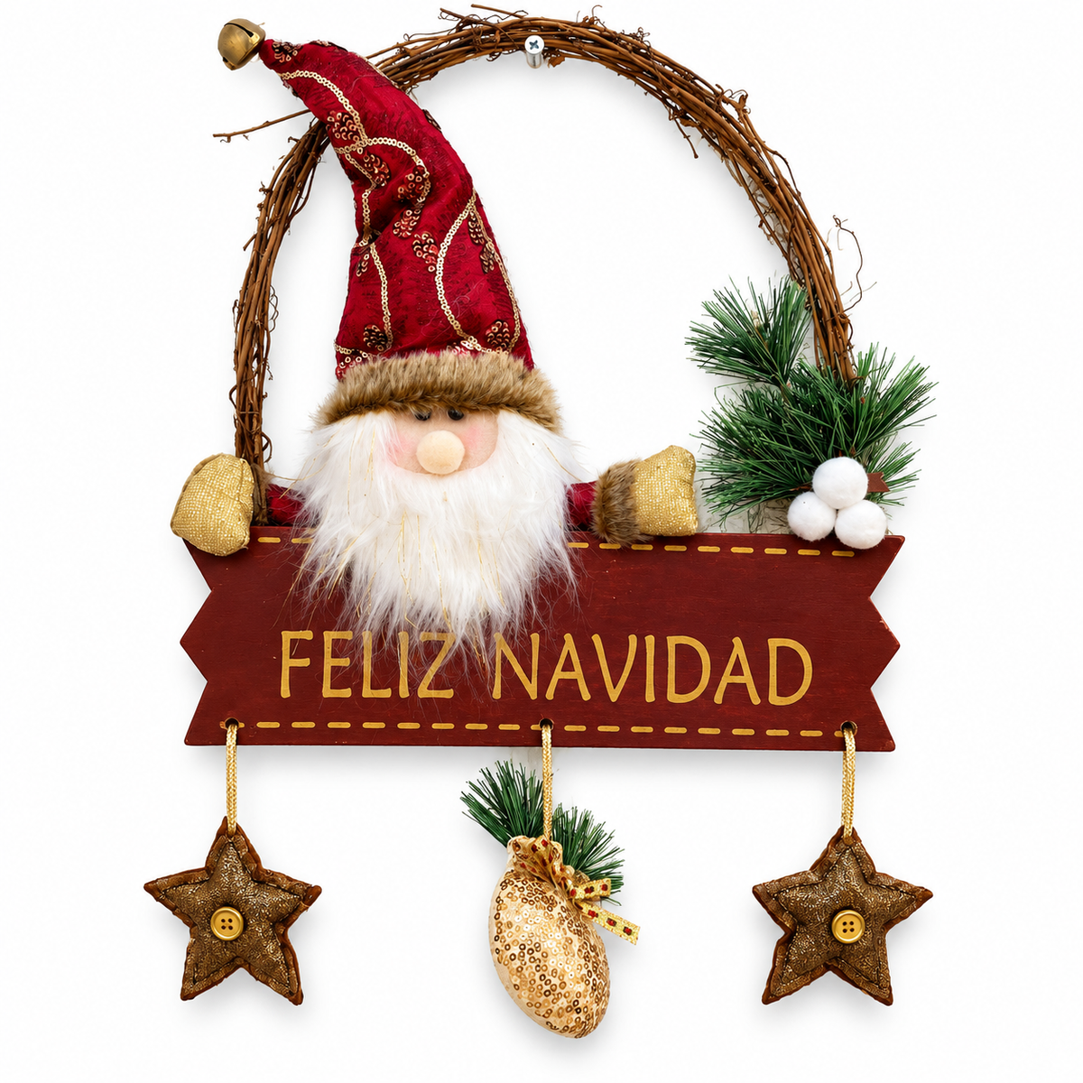 Corona Navideña de Mimbre con Duende y Letrero Feliz Navidad – 46 cm