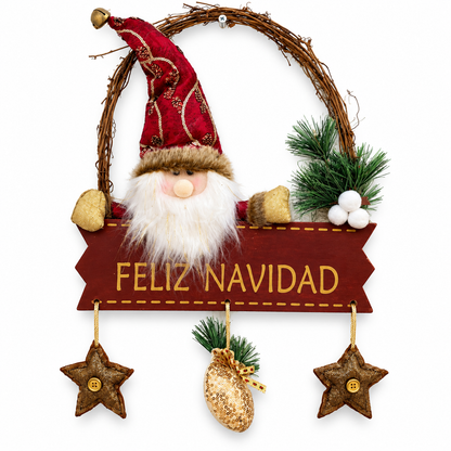 Corona Navideña de Mimbre con Duende y Letrero Feliz Navidad – 46 cm