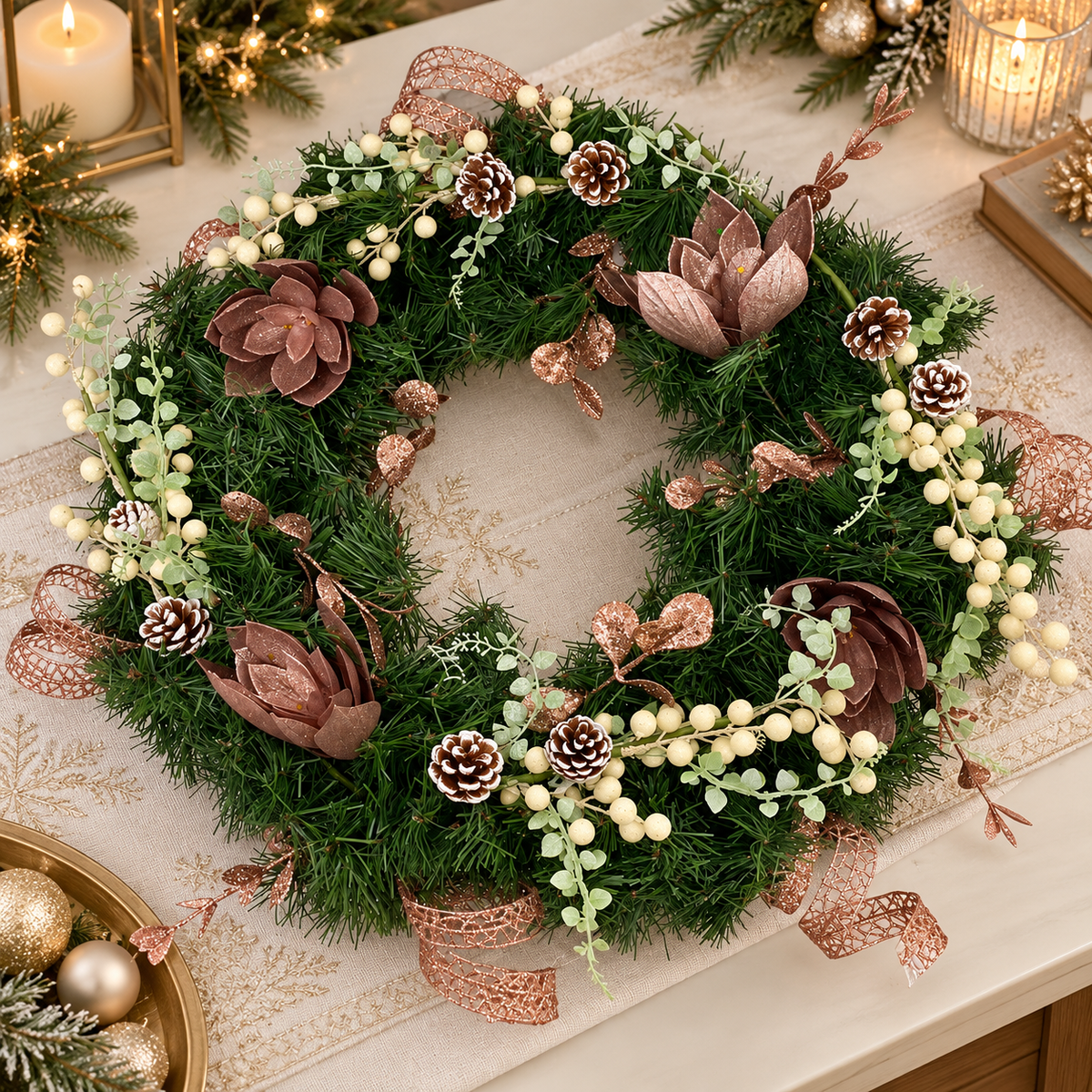 Corona Navideña con Flores y Detalles Rose Gold – 54 cm