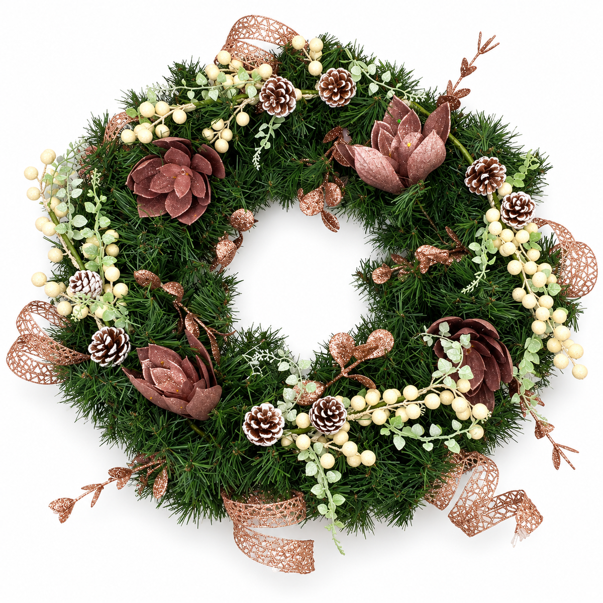 Corona Navideña con Flores y Detalles Rose Gold – 54 cm