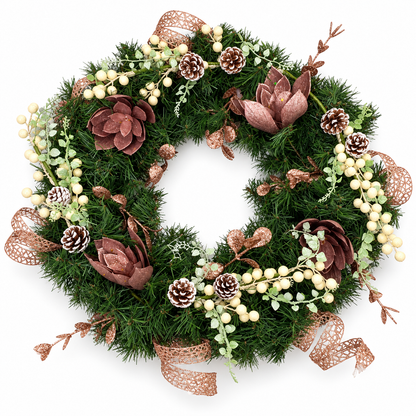 Corona Navideña con Flores y Detalles Rose Gold – 54 cm