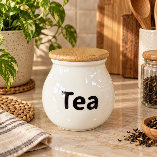 Frasco de Cerámica Tea con Tapa de Bambú – 8,5 cm