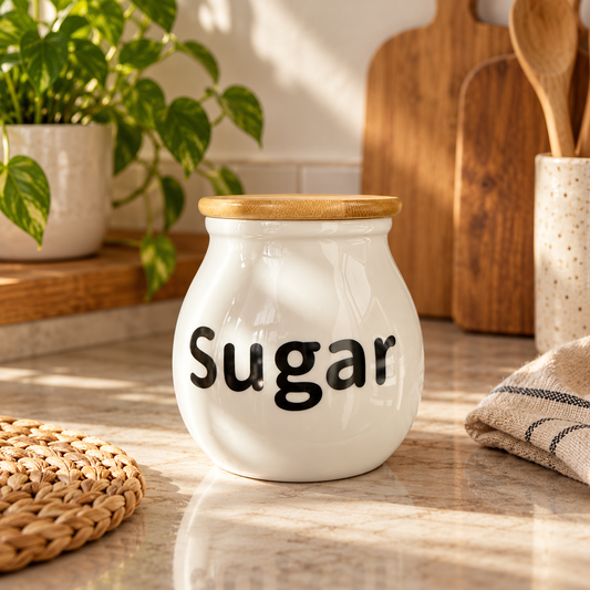 Frasco de Cerámica Sugar con Tapa de Bambú – 8,5 cm